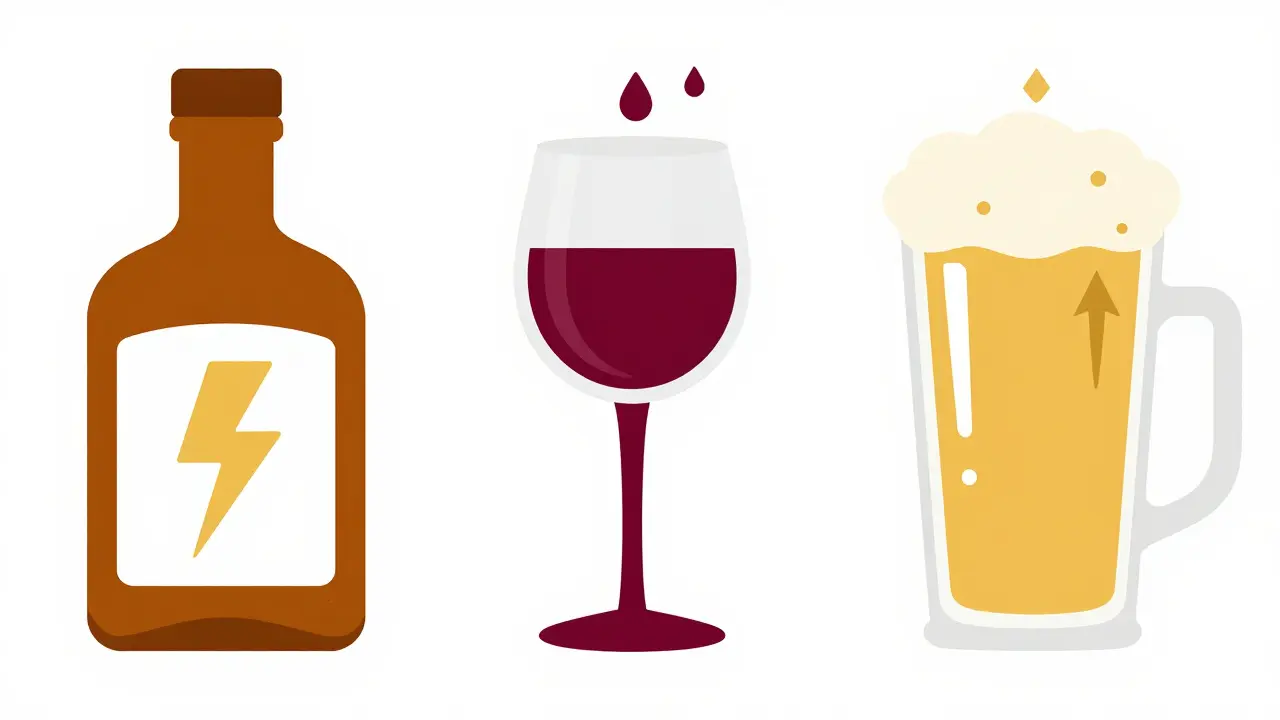 Minimalist graphic showing specific risks of spirits, wine, and beer