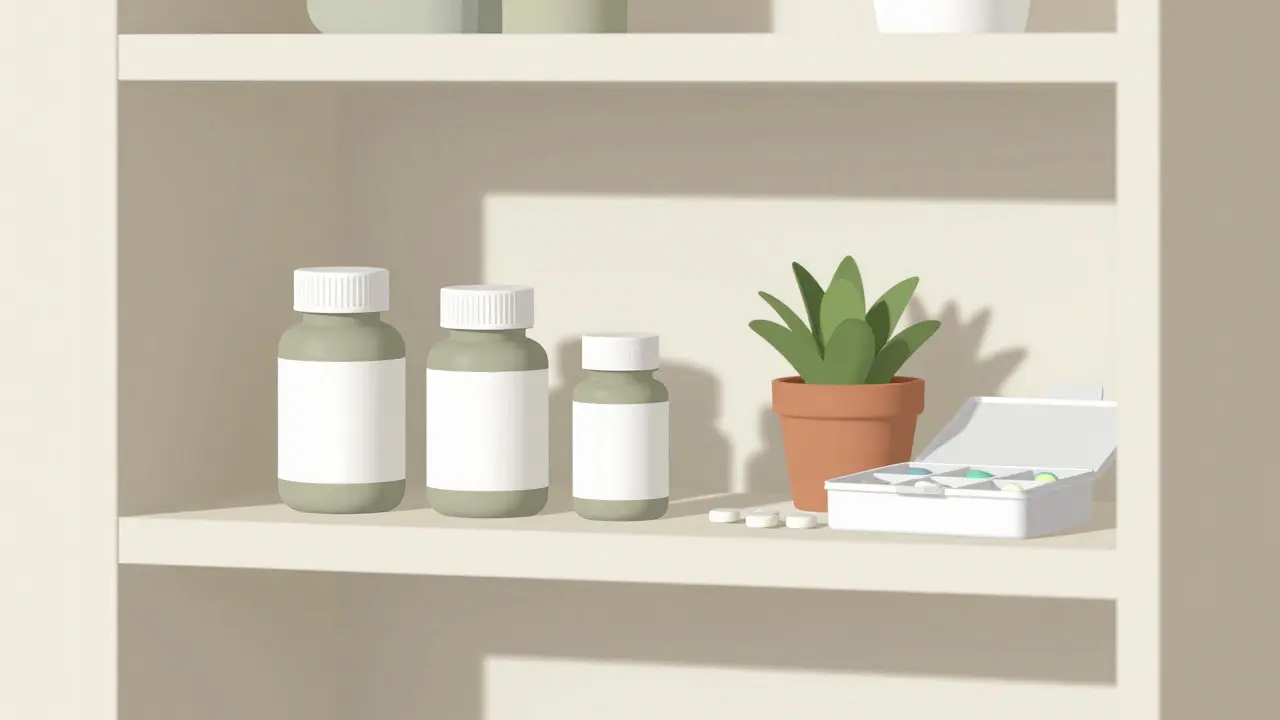 Organized pill bottles on a shelf representing stable medication storage