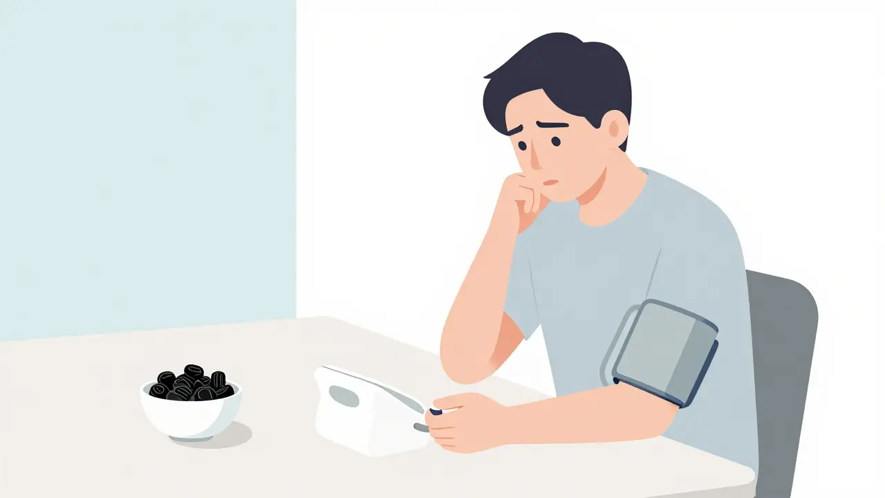Person checking blood pressure near a bowl of licorice candy