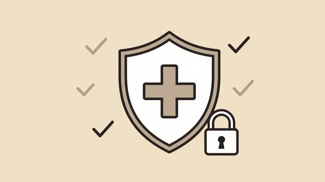 Shield icon with medical cross and checkmarks symbolizing safe online pharmacy