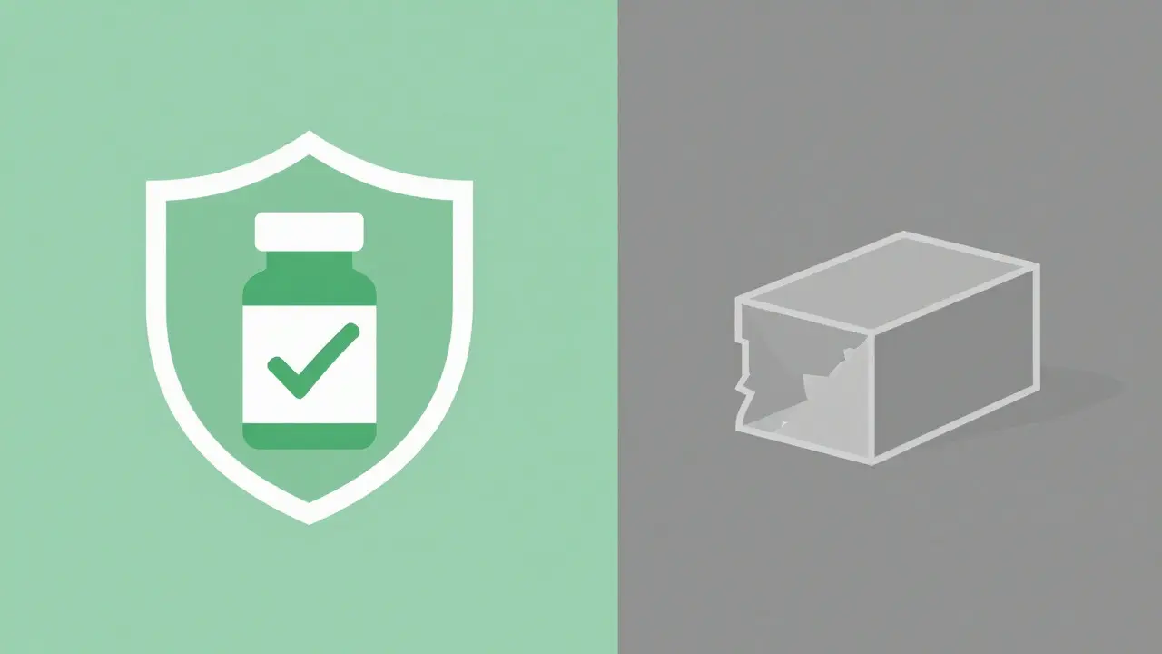 Shield protecting a real pill bottle versus a fading fake one