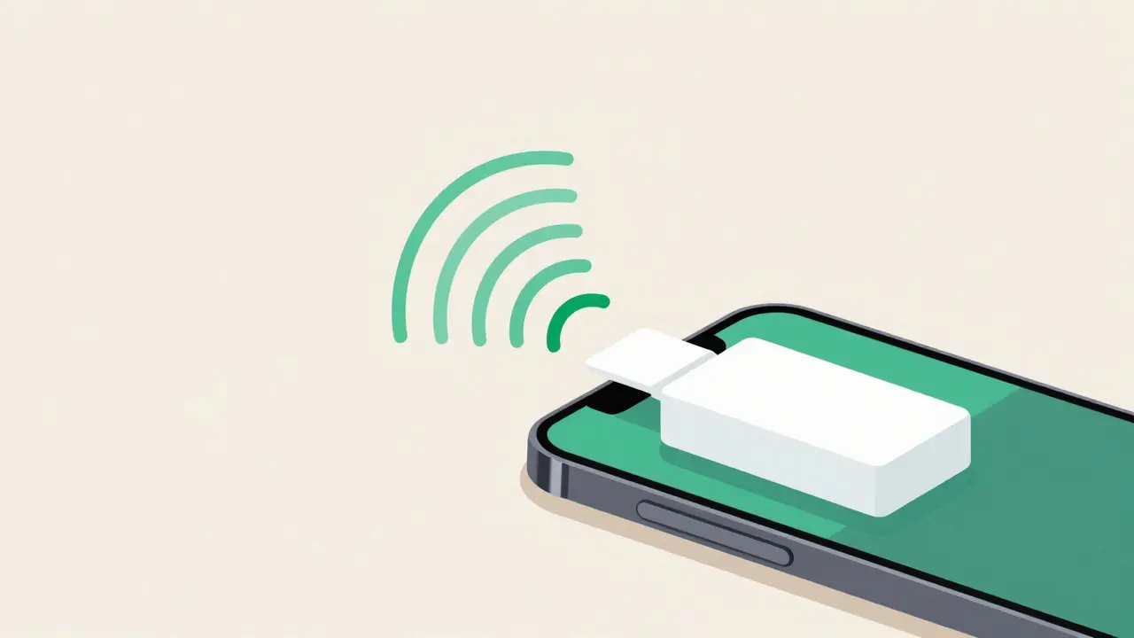 Smartphone tapping medicine box with green waves symbolizing NFC verification.