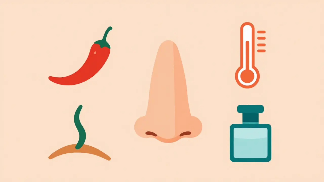 Abstract icons of chili, thermometer, and perfume around a nose symbol