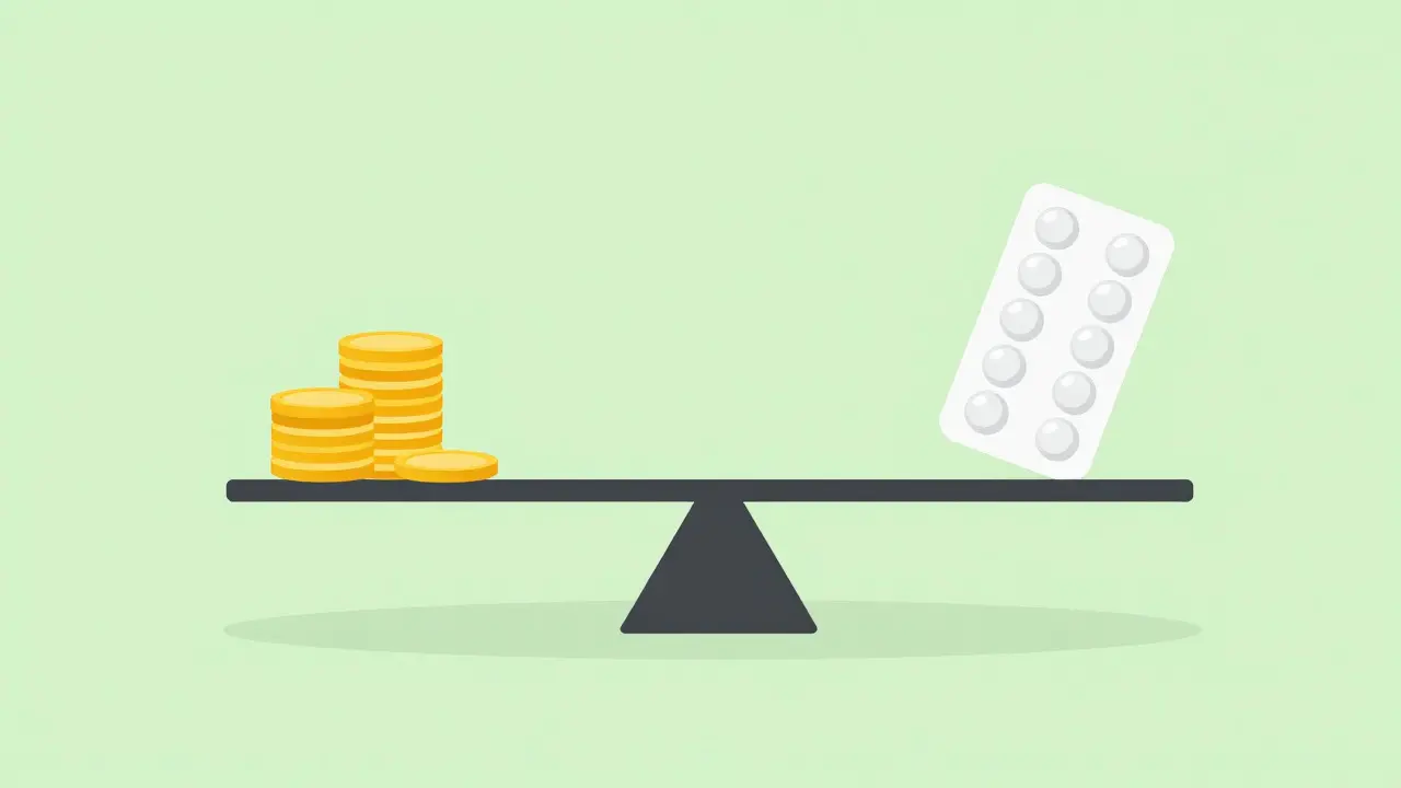 Abstract illustration comparing medication costs and savings