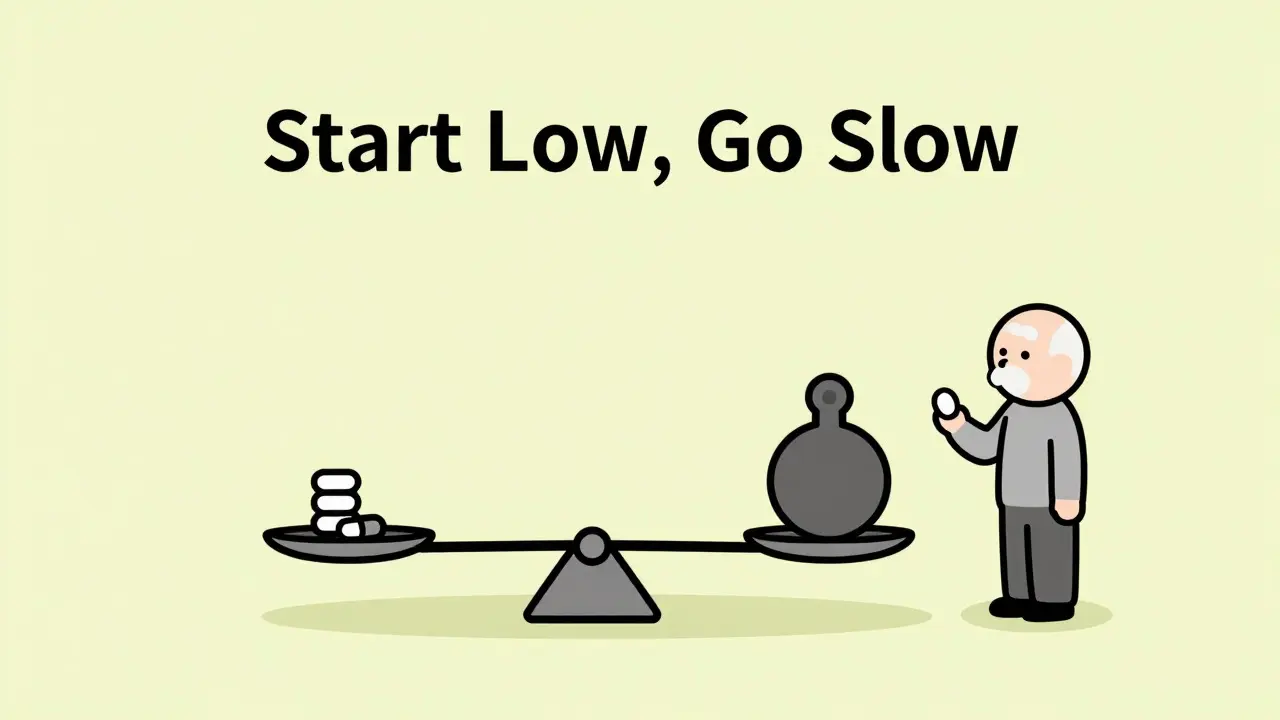 Cartoon illustration of a balance scale favoring lower doses for elderly patients