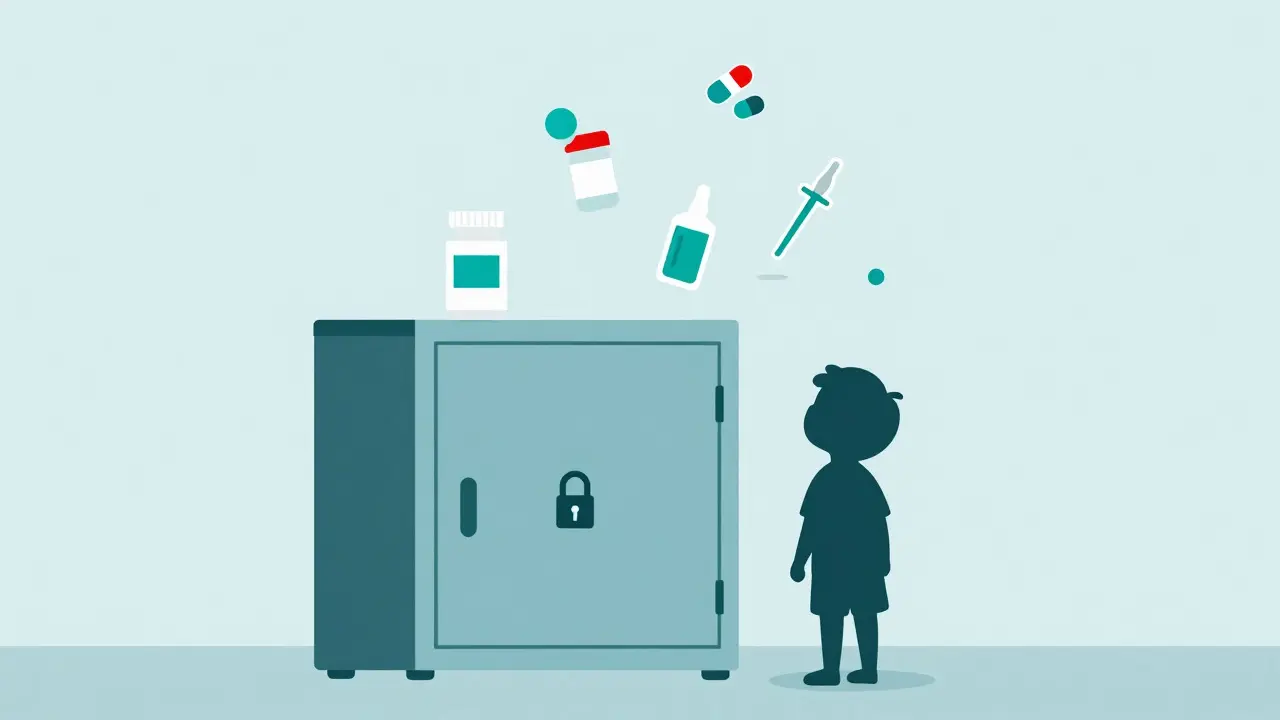 Locked medicine cabinet keeping drugs safe from children