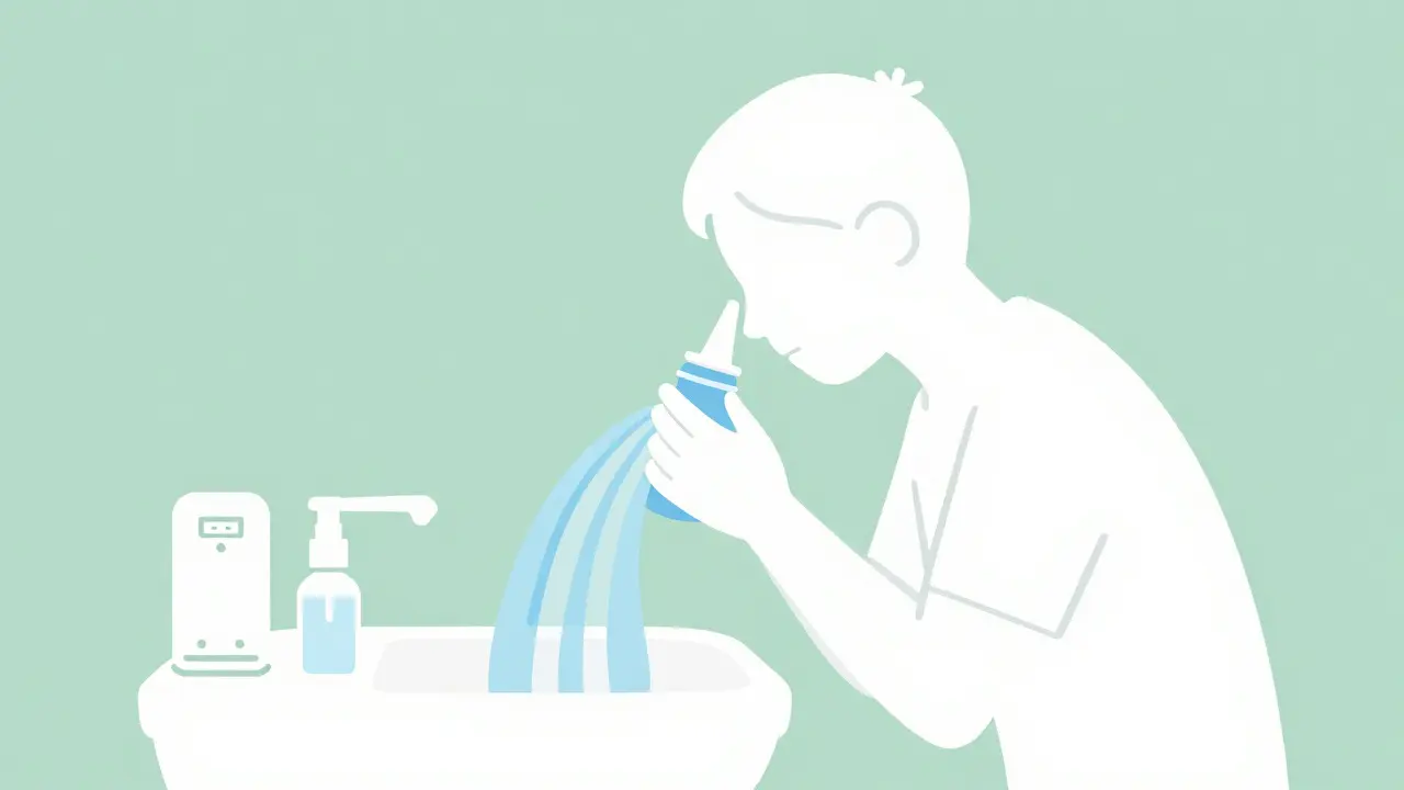 Person performing nasal saline rinse next to air filter and spray bottle