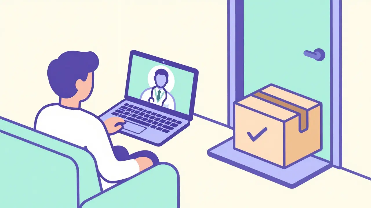 Person using telehealth on a laptop next to a delivered medicine package