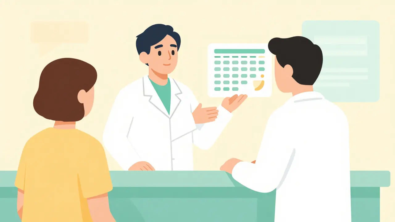 Pharmacist consulting with patient about medication