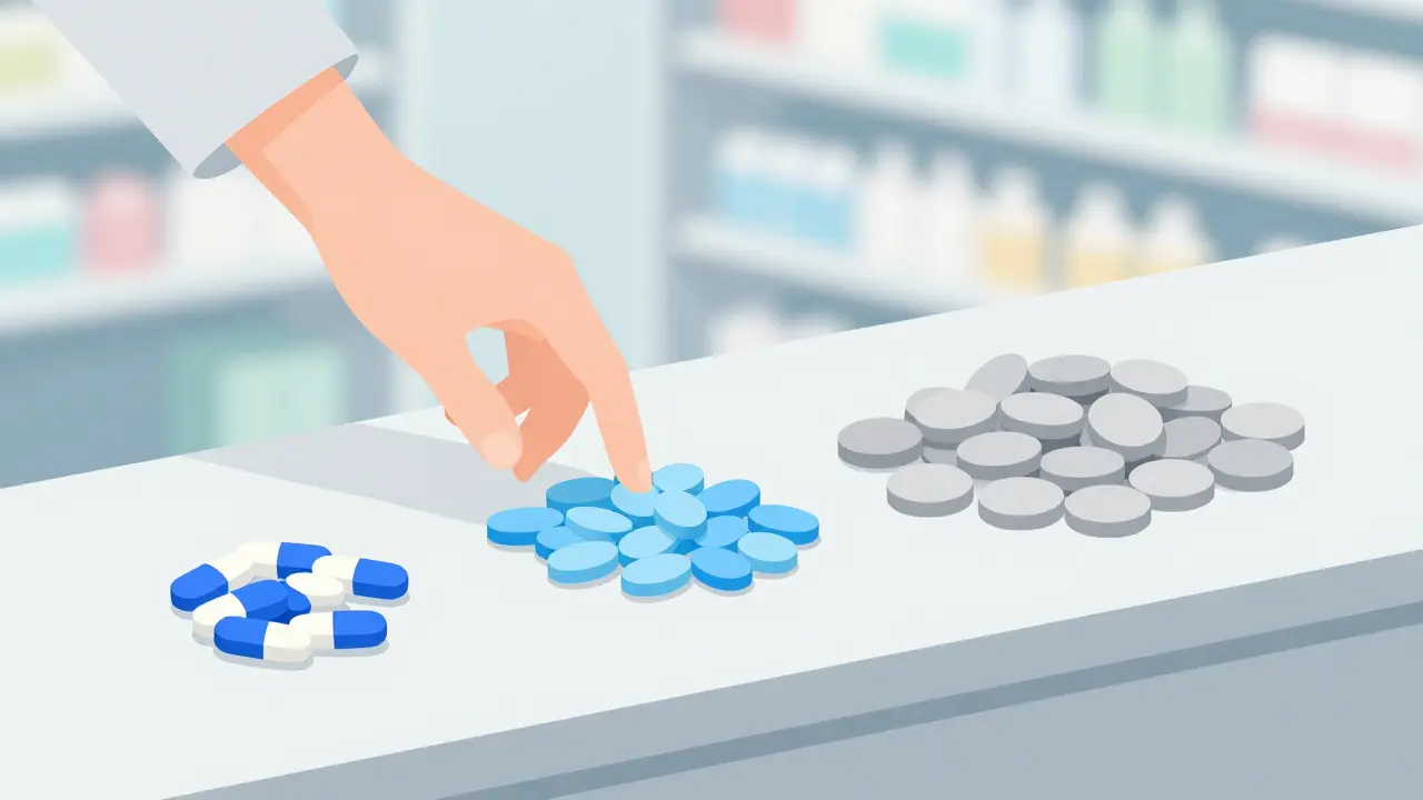 Pharmacist counter with three types of medication piles