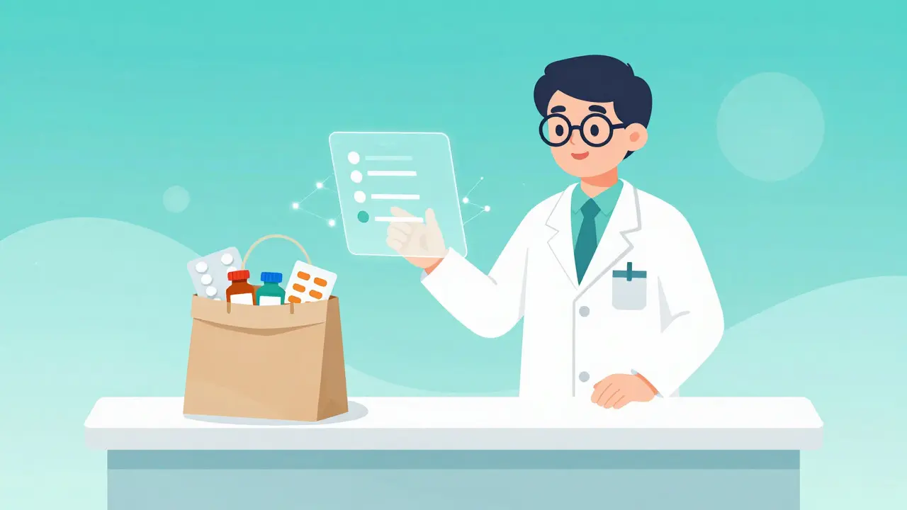 Pharmacist reviewing a brown bag of medications with digital assistance