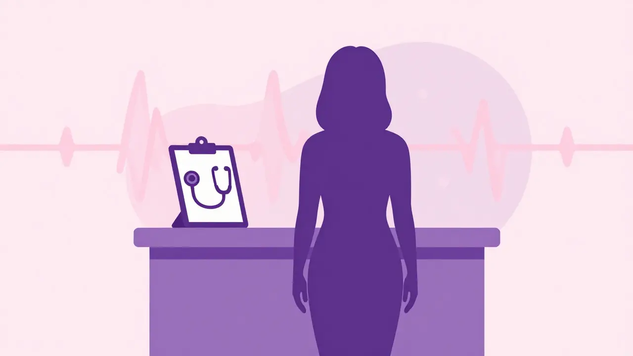 Silhouette of a woman consulting a doctor with abstract medical symbols in background