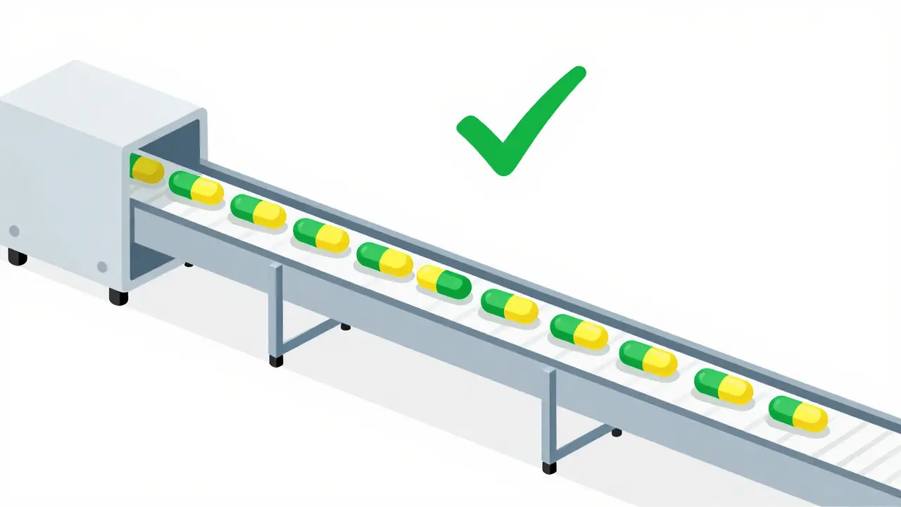 Simple conveyor belt showing the streamlined production of generic pills