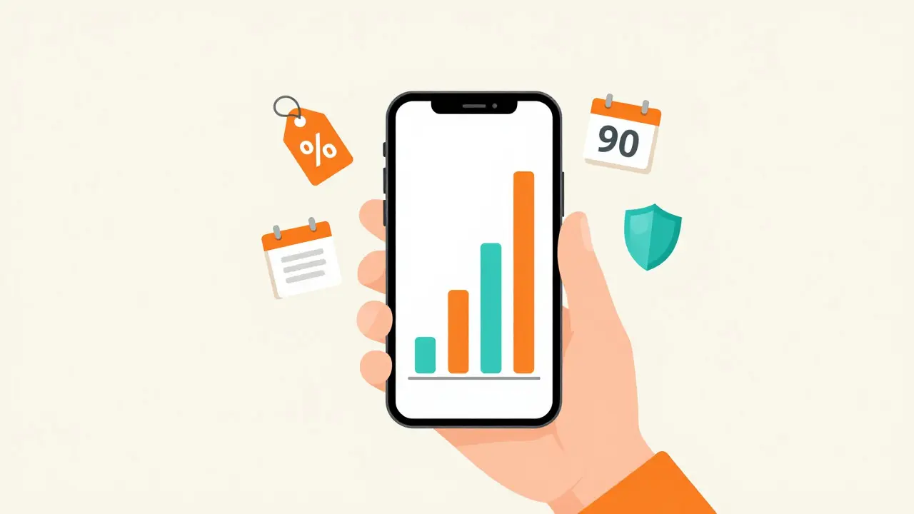 Smartphone showing price comparison bars with surrounding savings icons