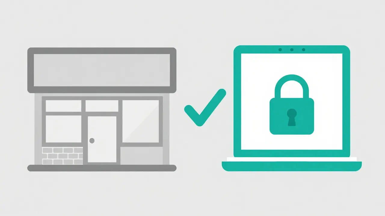 Split view comparing a physical pharmacy store and a secure online checkout icon