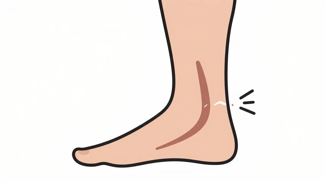 Stylized diagram of a calf tendon showing a potential rupture point