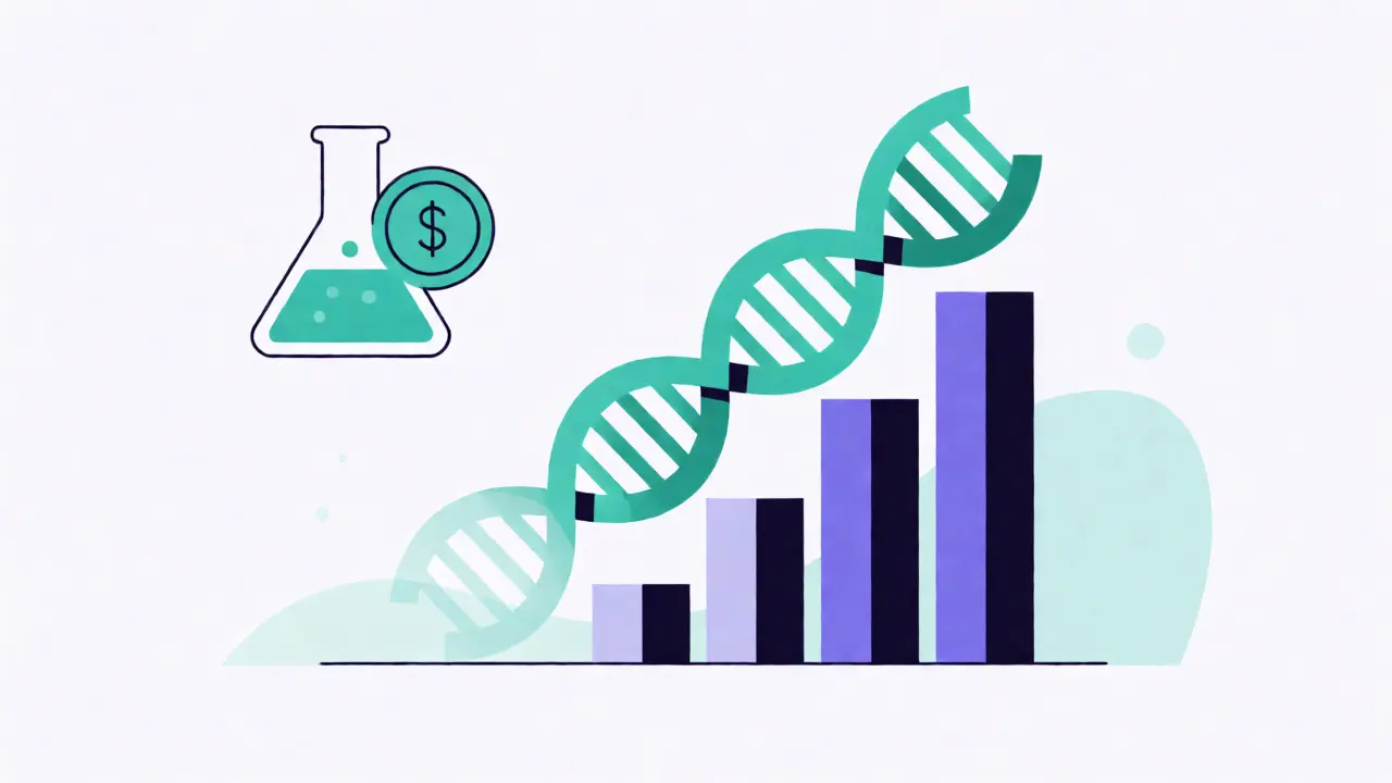 Abstract minimalist art showing DNA transforming into growth bars, symbolizing biosimilar market expansion.