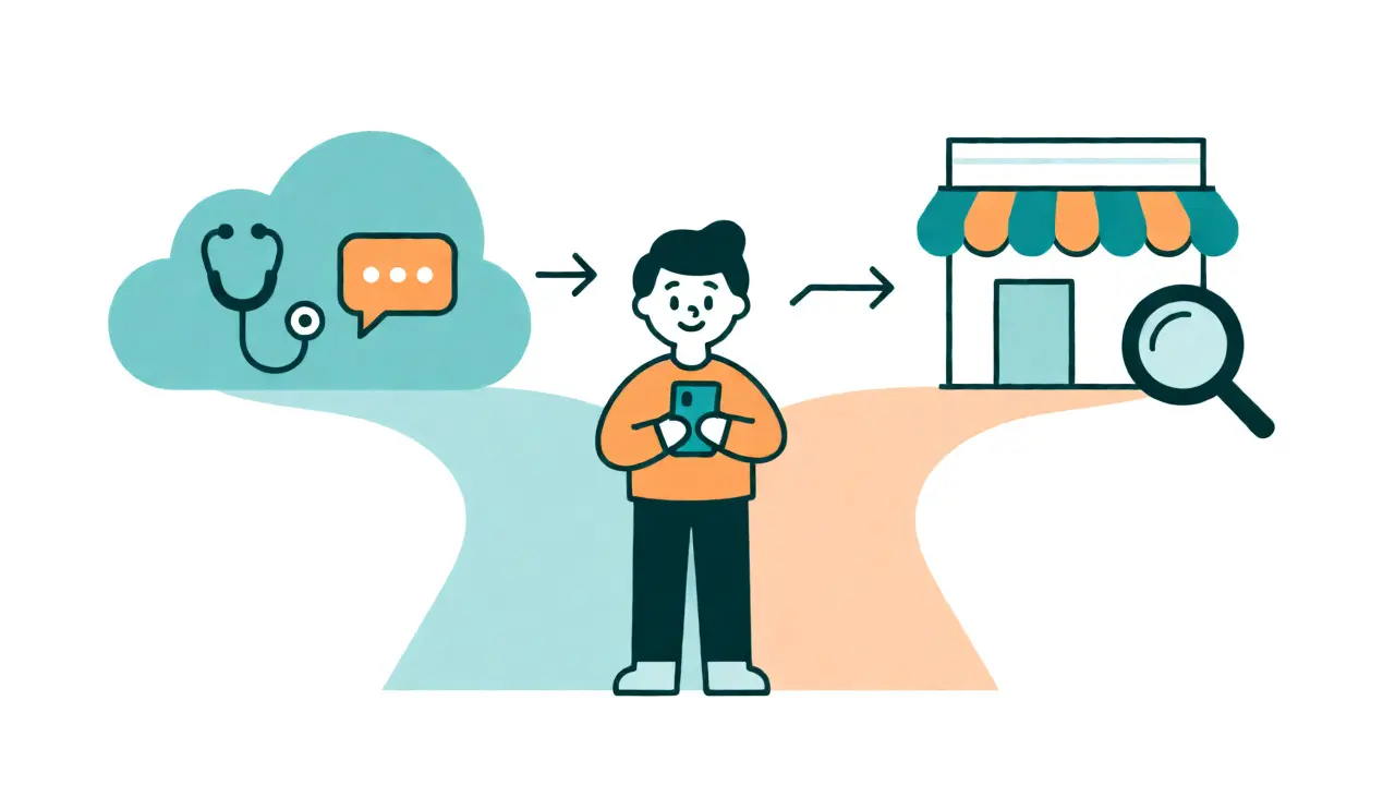 Illustration showing choices between telehealth services and online discount pharmacies.