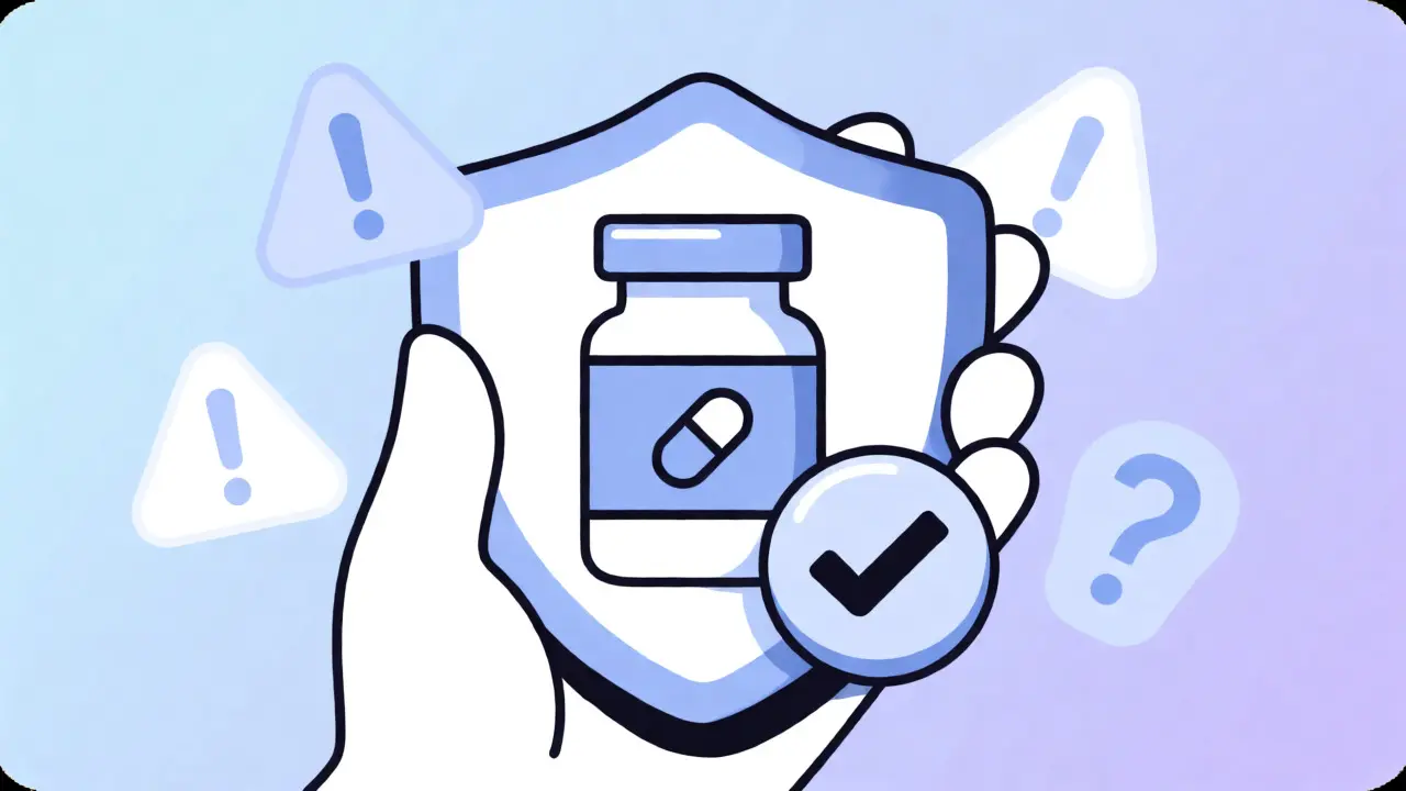 Safe online shopping for medication illustrated with a protective shield and verified badge.