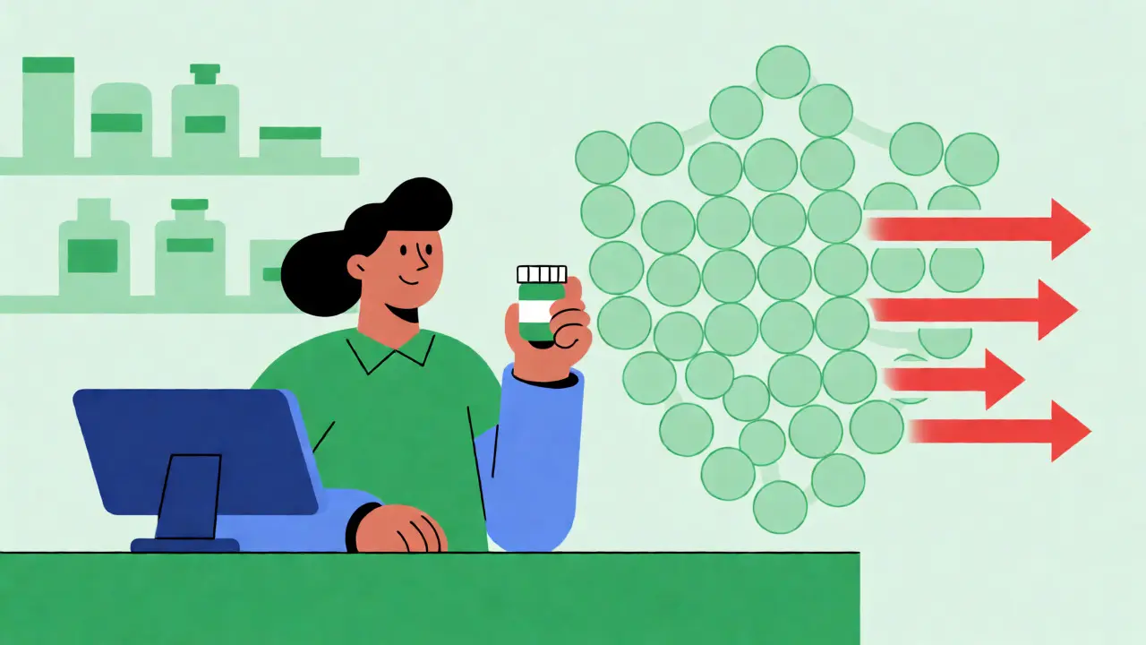 Stylized patient protected by a shield of generic medications blocking high-cost arrows at a pharmacy counter.